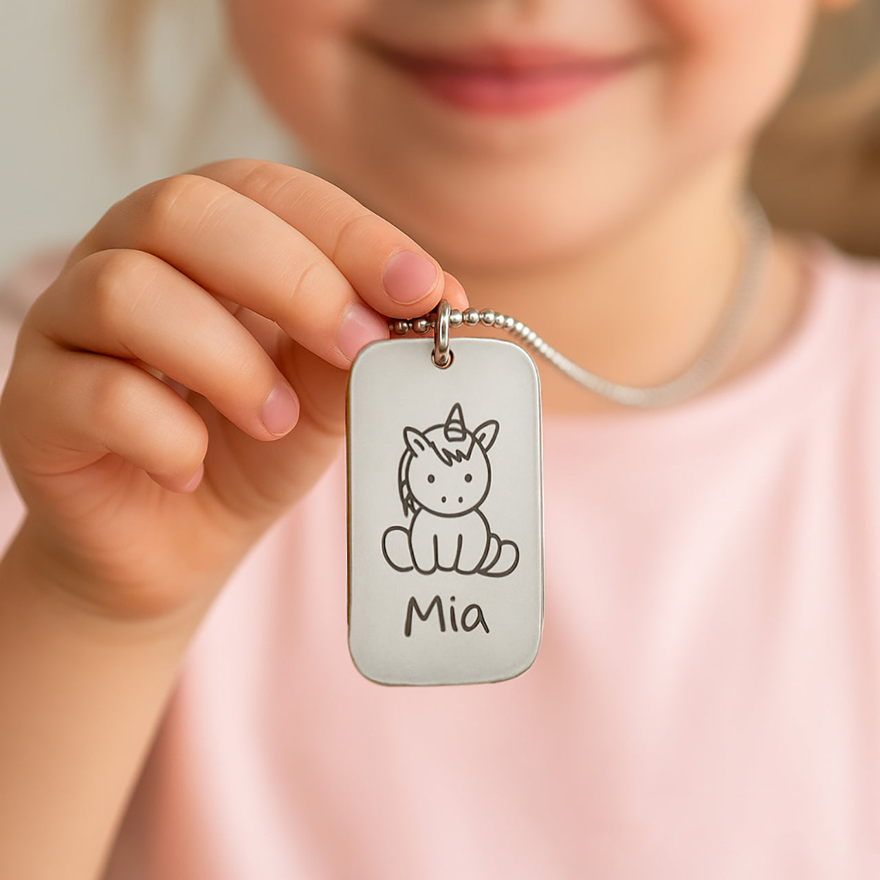 Custom Kids Drawing Dog Tag Necklace,  personalised pendant worn by a child, featuring engraved artwork