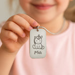 Custom Kids Drawing Dog Tag Necklace,  personalised pendant worn by a child, featuring engraved artwork