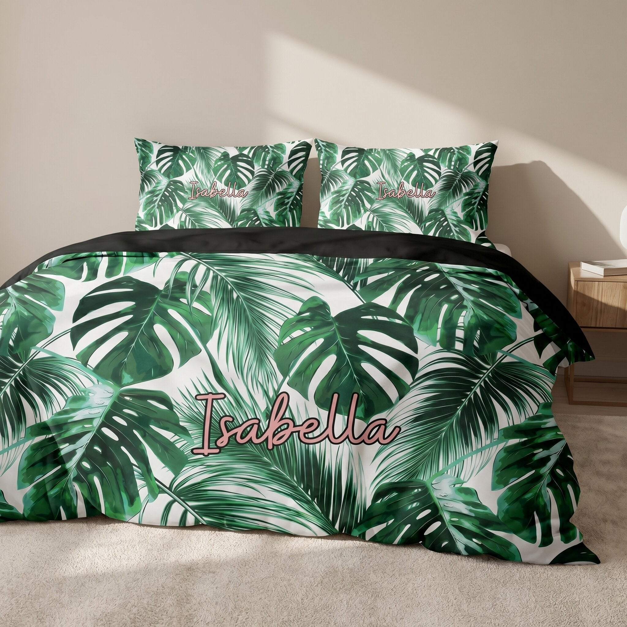 Personalised doona cover set with matching pillowcase featuring custom printed bedding design