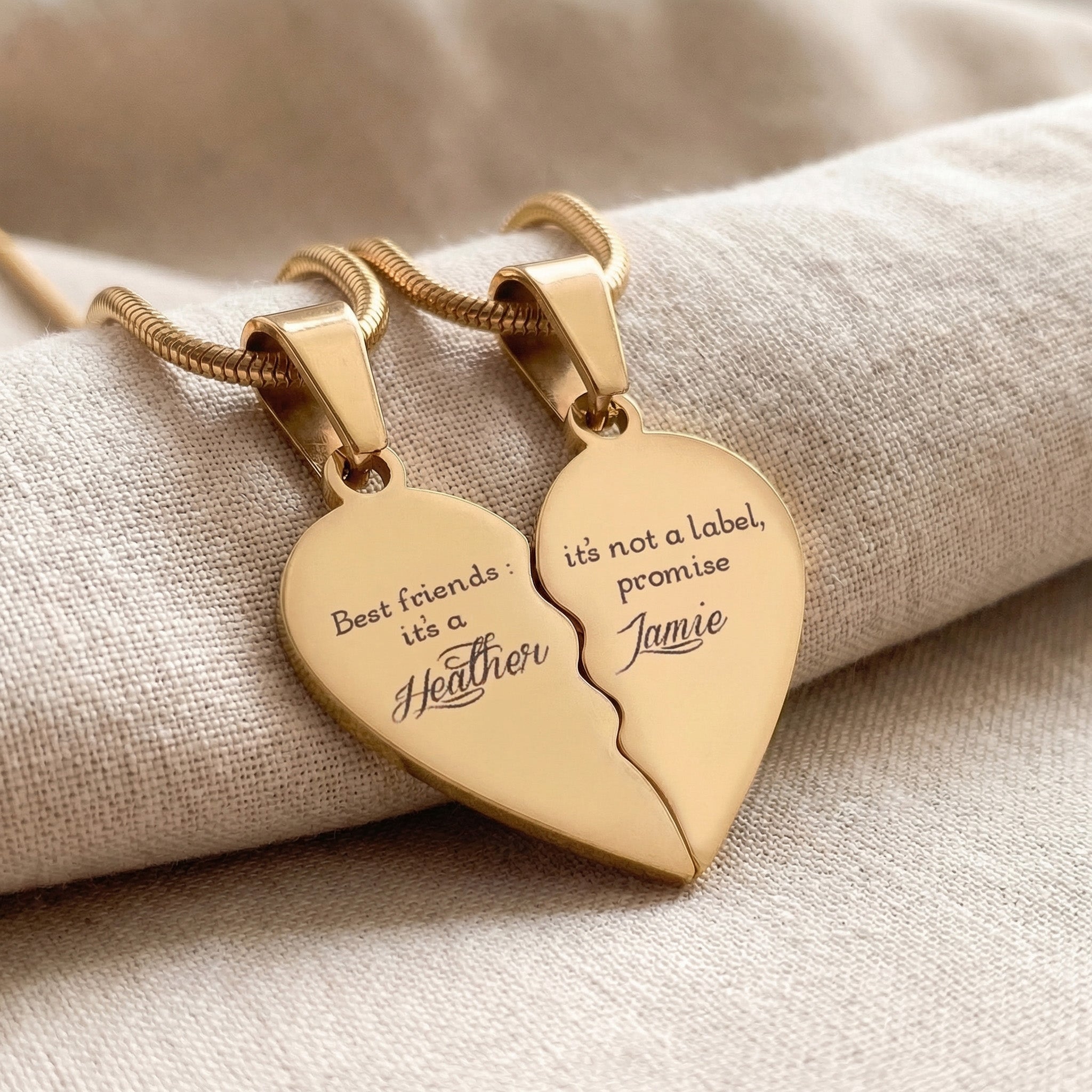 Double Heart Puzzle Necklace set in gold with engraved message, best friend keepsake gift