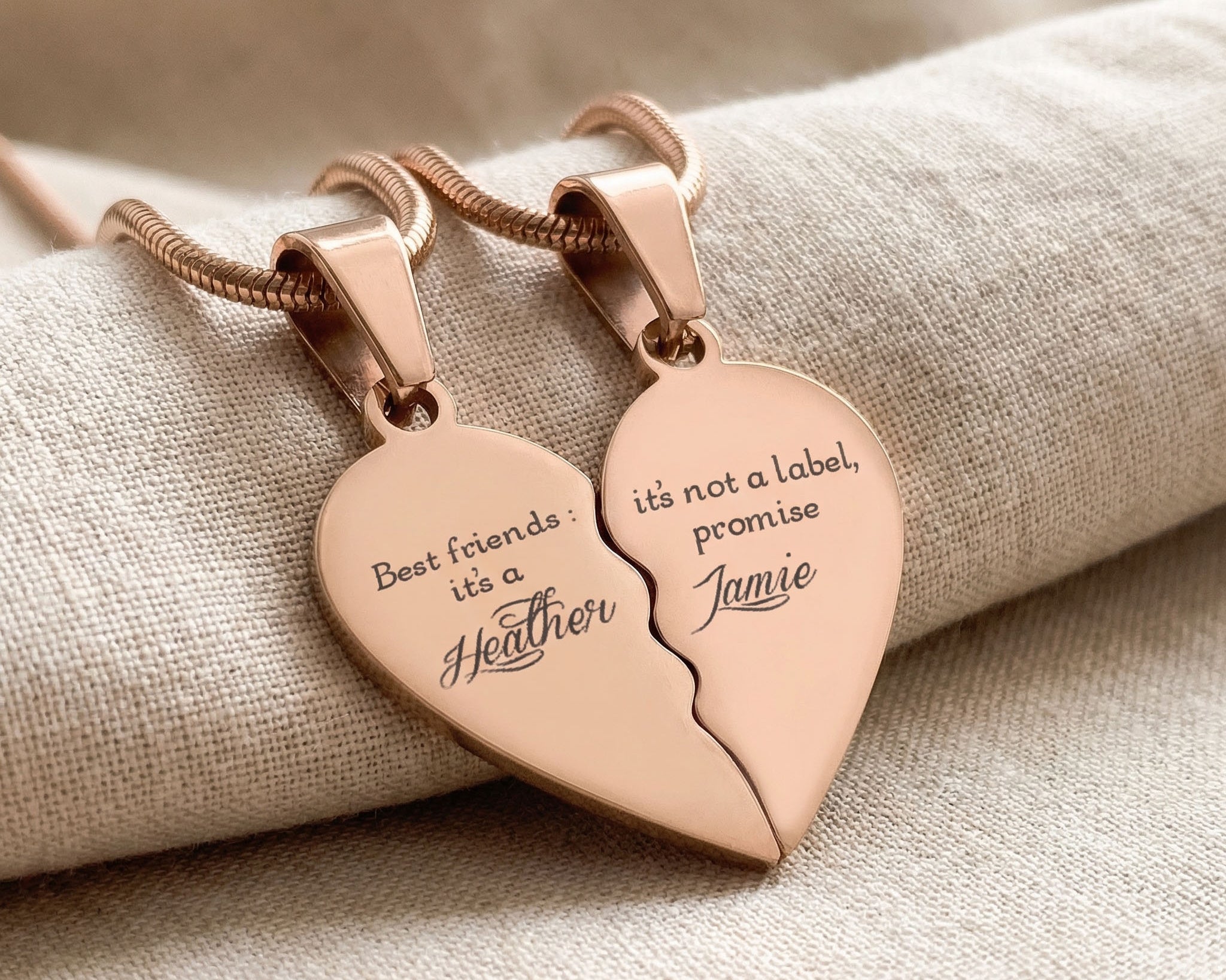 Double Heart Puzzle Necklace set in rose gold with engraved message, romantic matching jewelry