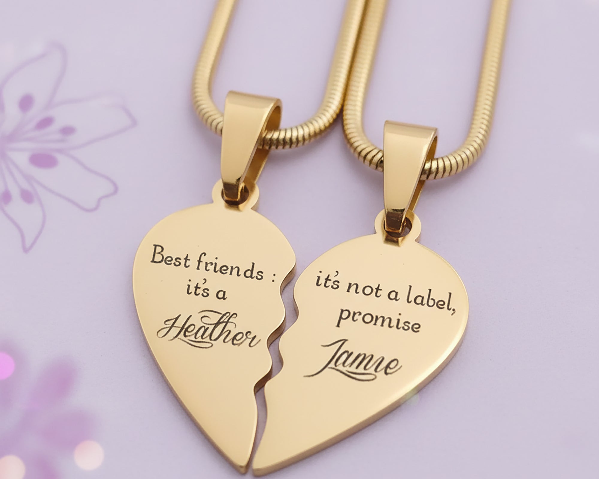 Belle Fever Double Heart Puzzle Necklaces in gold, personalised for best friends or couples who carry a piece of each other.