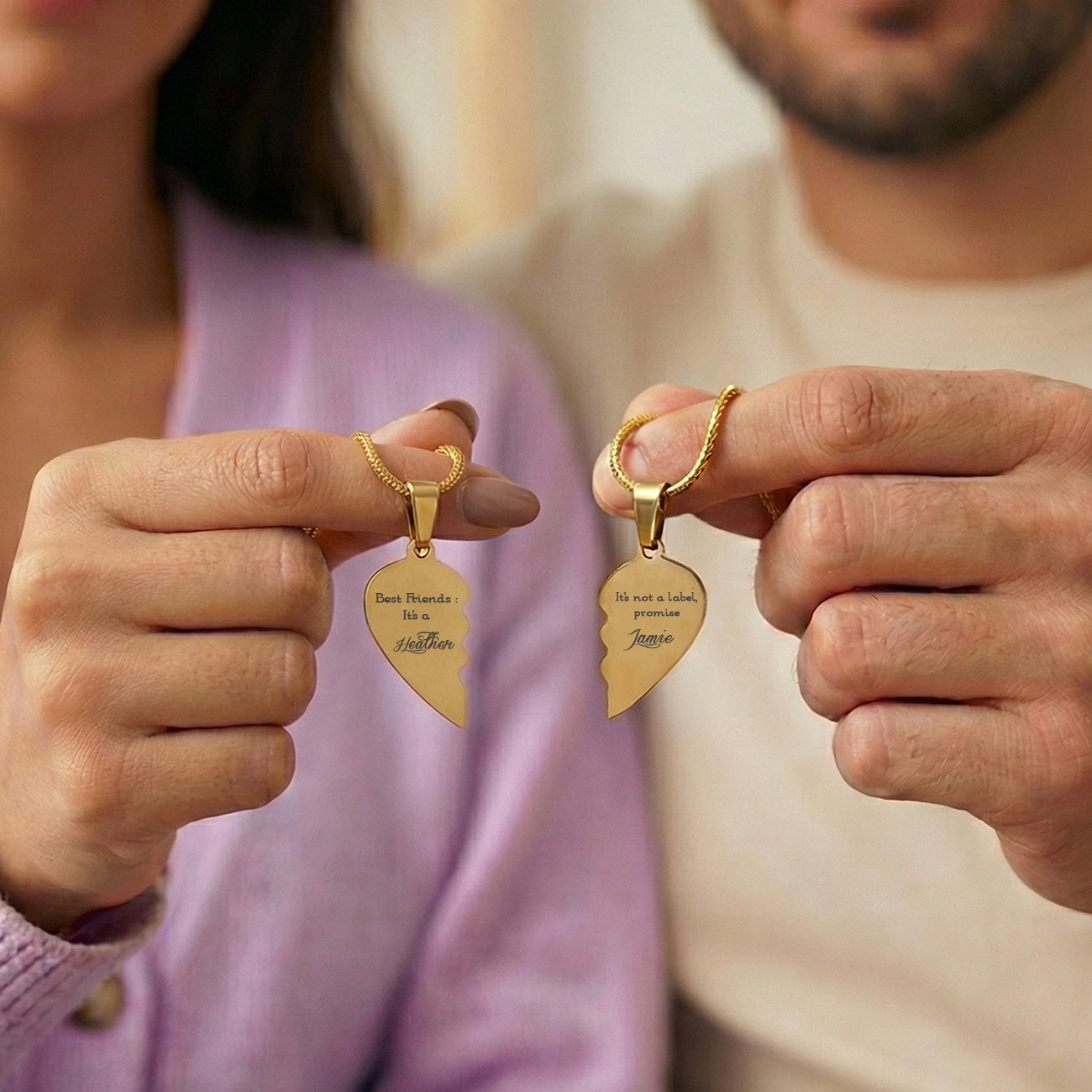 Belle Fever Double Heart Puzzle Necklaces — matching personalized necklaces held side by side, engraved with meaningful messages, celebrating the unbreakable bond between couples, sisters or best friends.