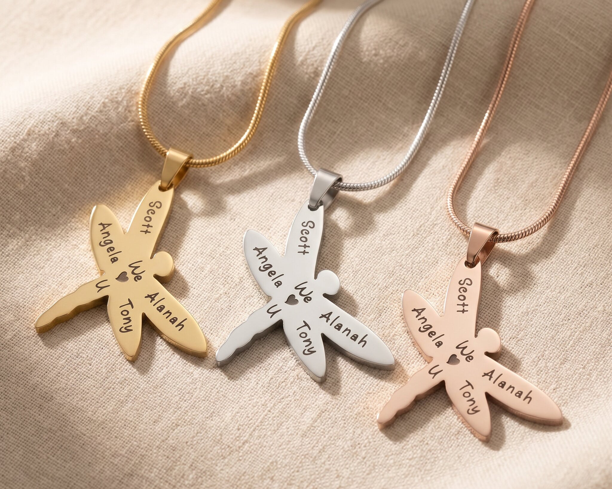 Dragonfly necklace tone comparison showing gold, silver and rose gold engraved finishes