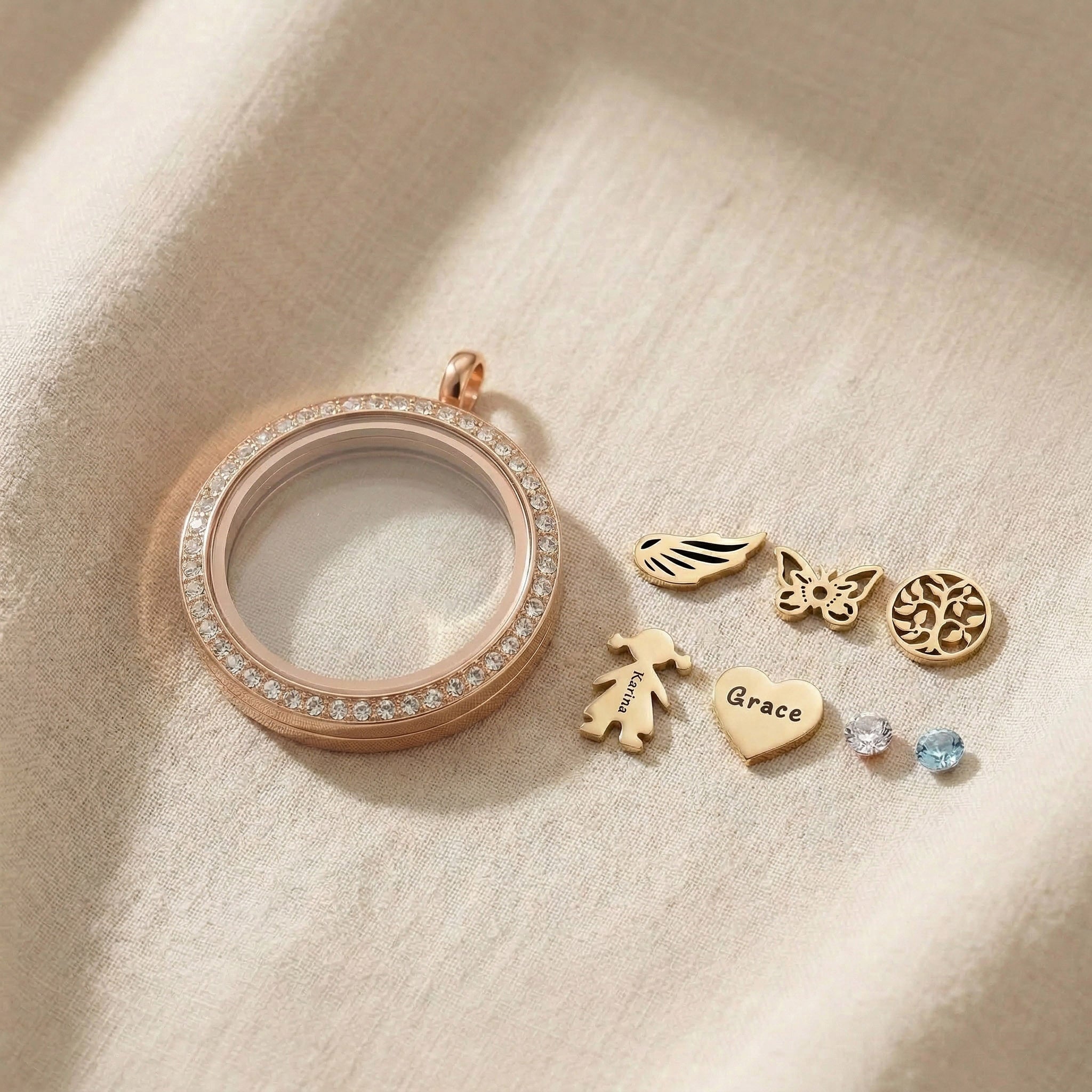 Dream locket necklace options showing interchangeable inserts and charm variations