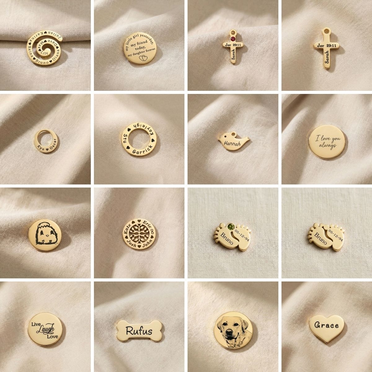 Dream locket charms selection showing initials, symbols, animals and engraved disc inserts