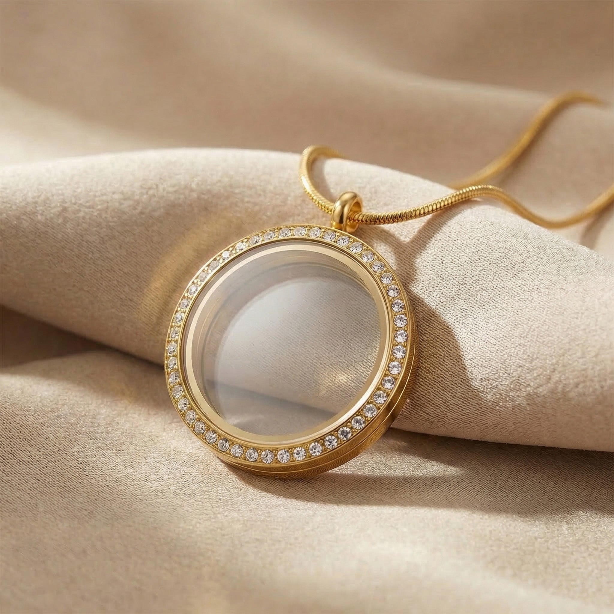 Dream locket necklace in gold with round glass pendant, elegant keepsake design