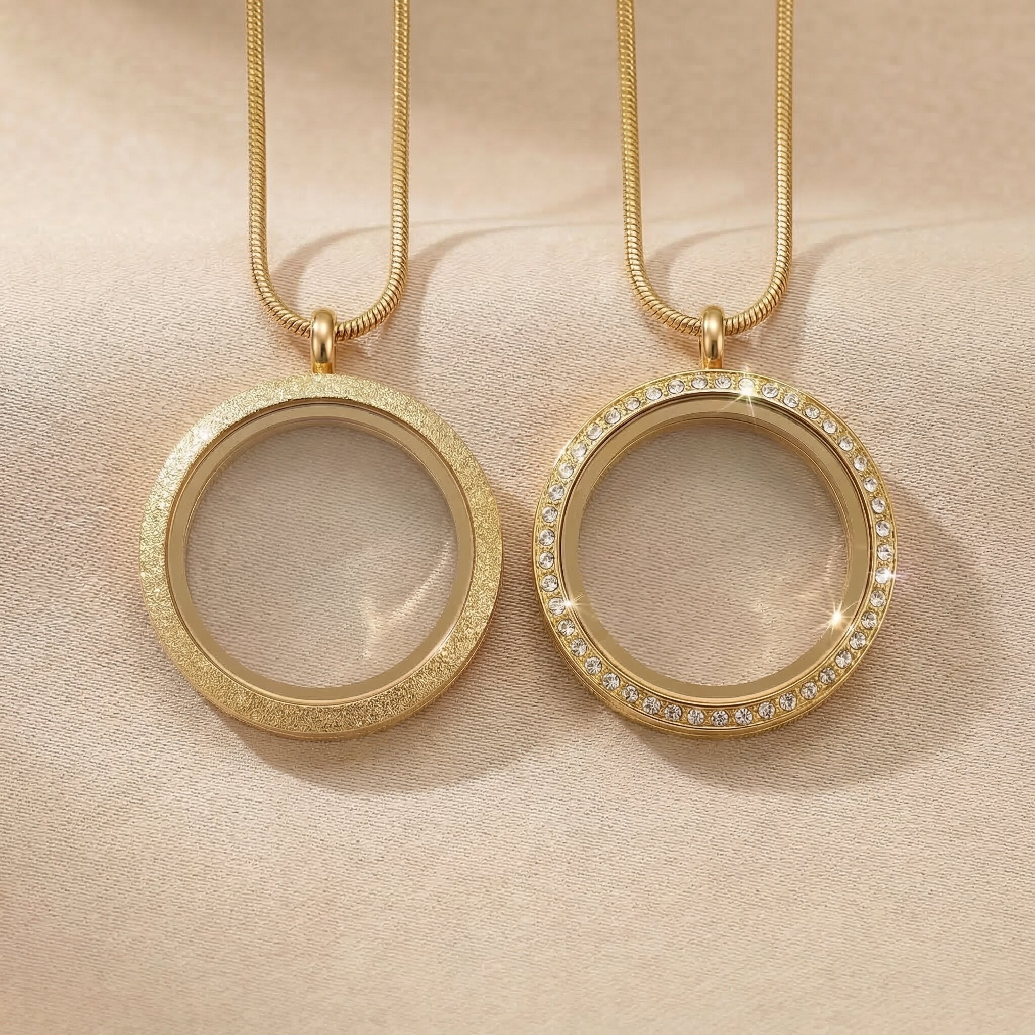 Dream locket necklace option showing sparkling and non-sparkling locket designs in gold finish