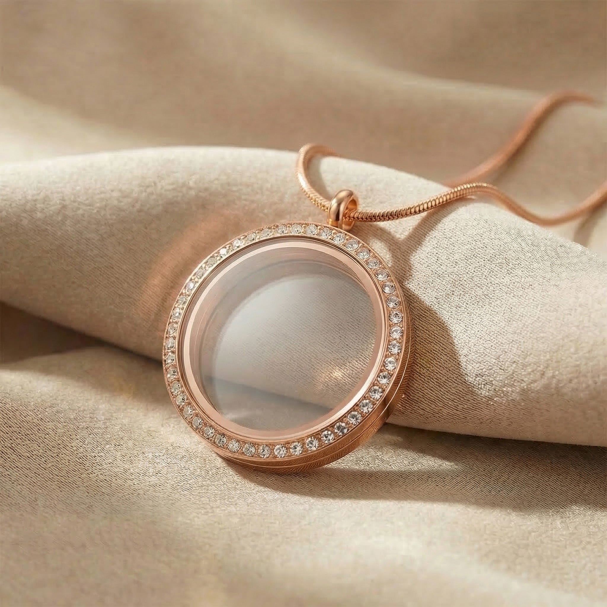  Dream locket necklace in rose gold with glass locket in neutral background 