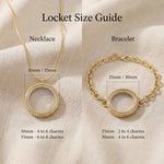 Dream locket size guide showing dimensions detail of necklace and bracelet 