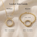 Dream locket size guide showing dimensions detail of necklace and bracelet 