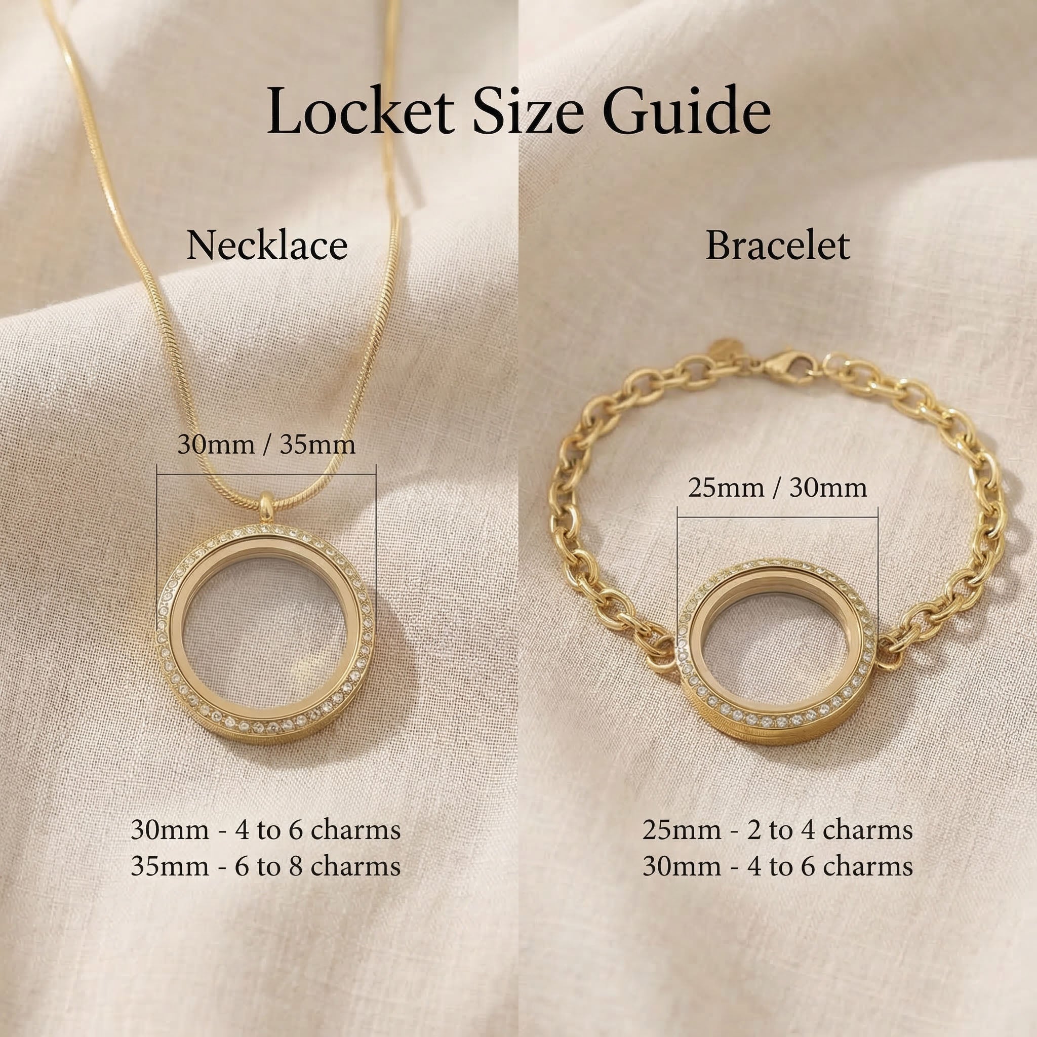 Dream locket size guide showing dimensions detail of necklace and bracelet 