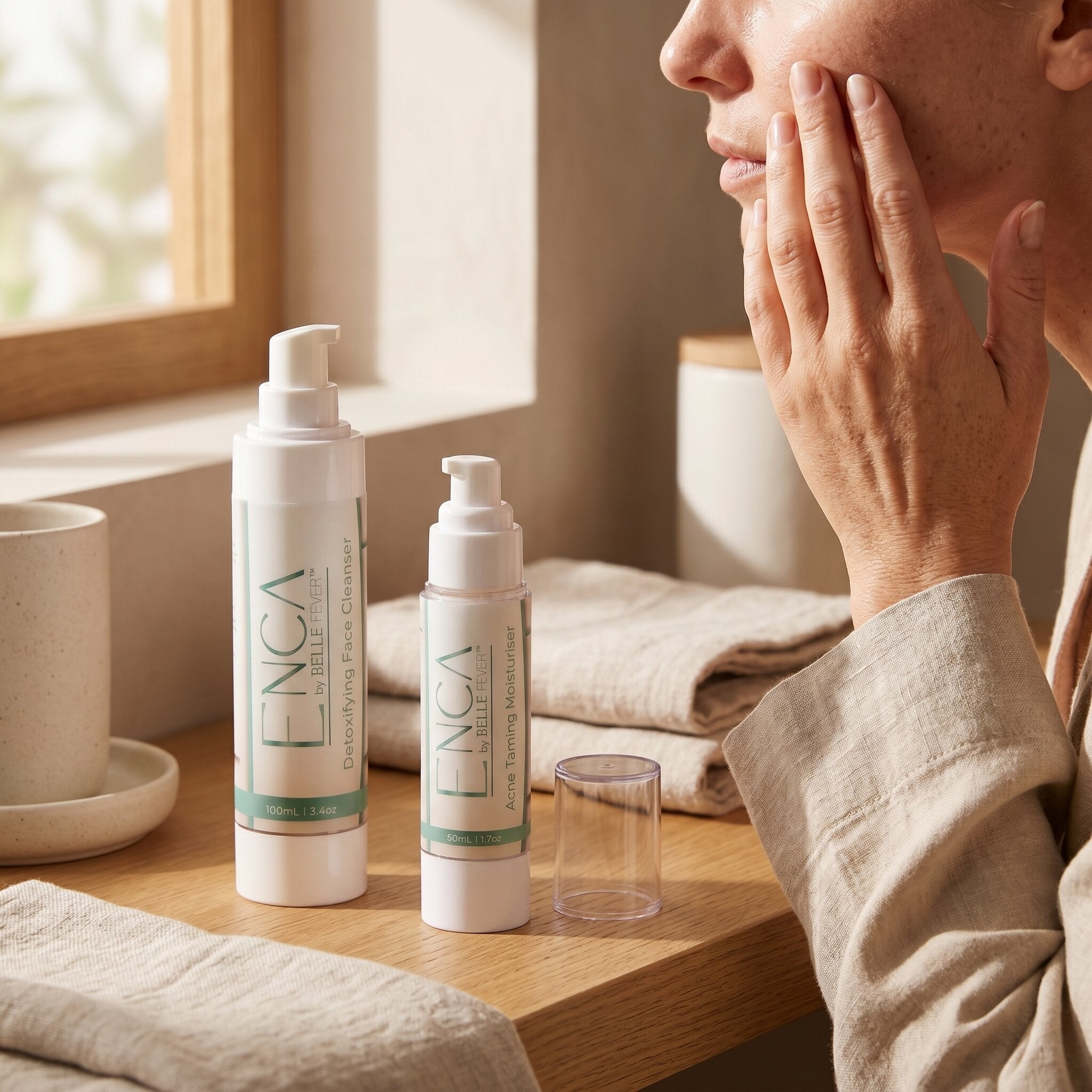 ENCA acne clearing set with cleanser and moisturiser for daily acne skincare routine made in Australia