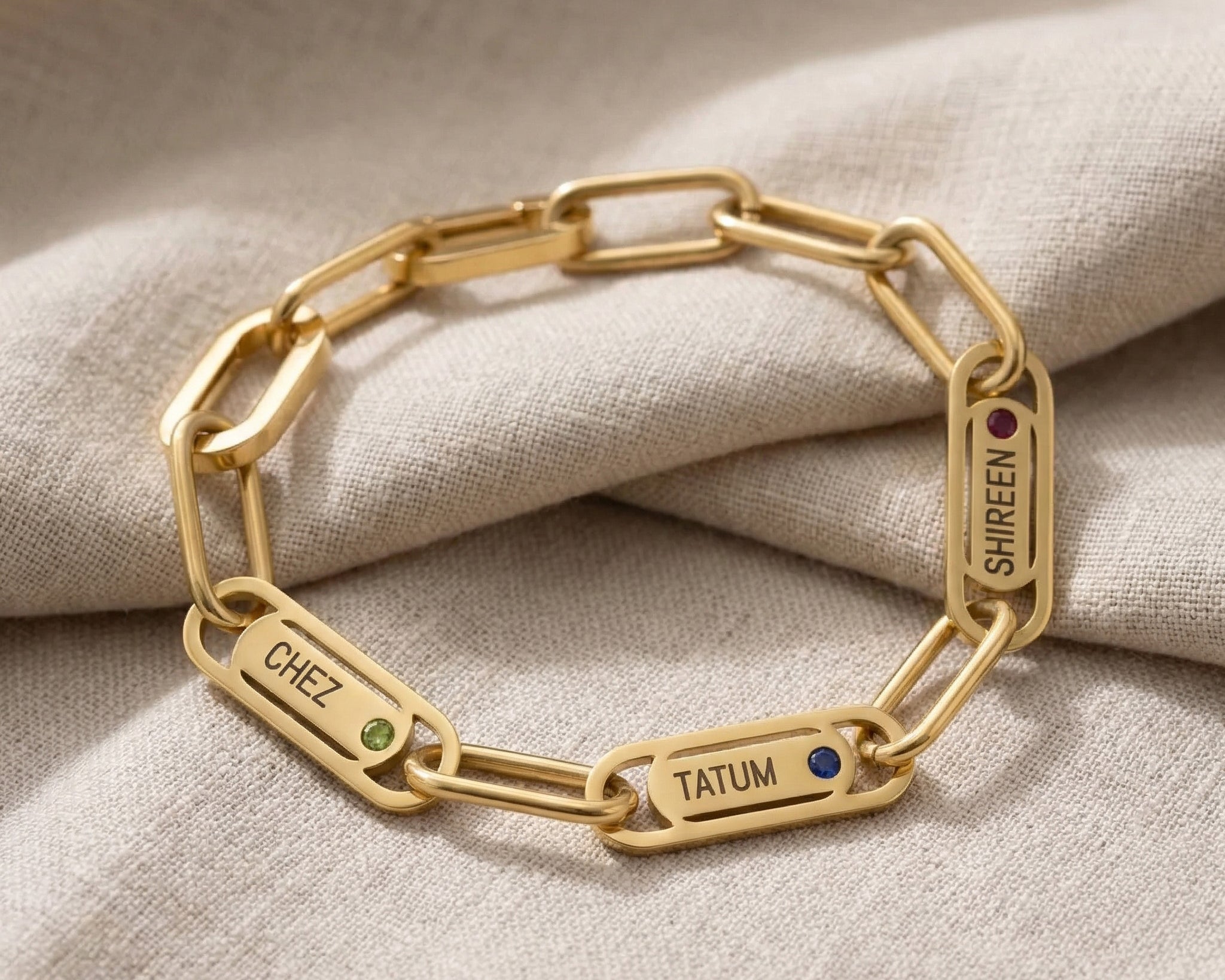 Endless Ties Bracelet in gold with engraved name on link, classic personalised jewellery