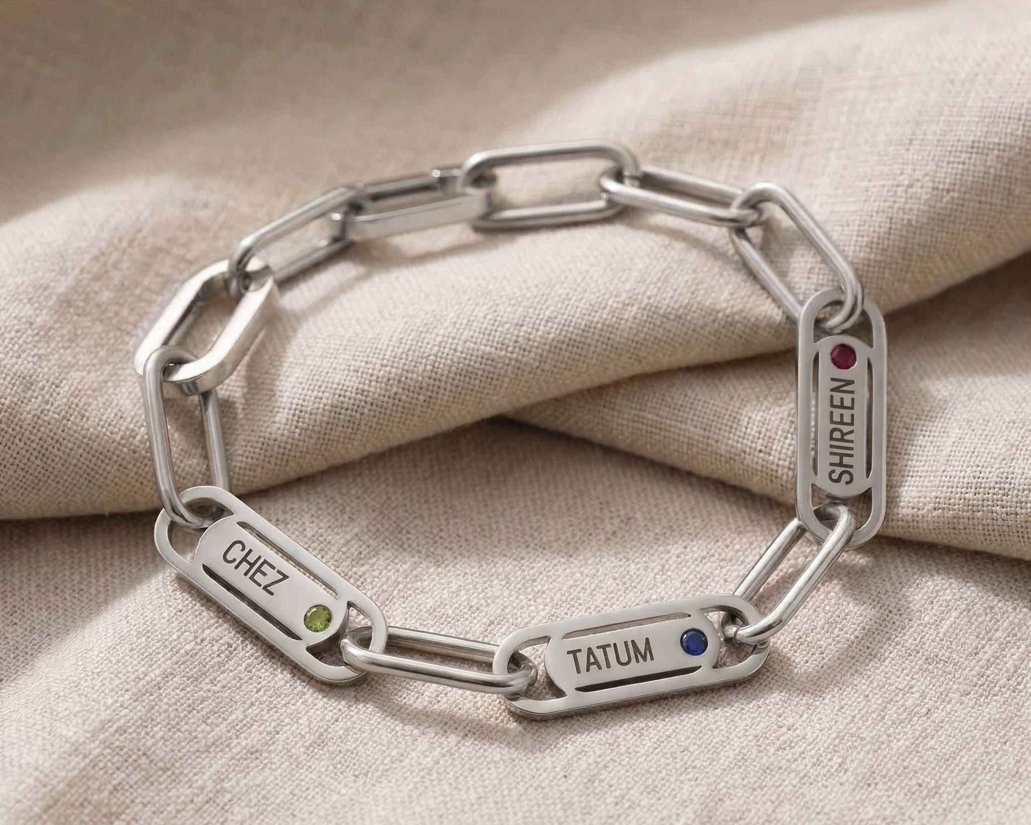 Endless Ties Bracelet in silver with engraved name on link, minimalist personalized jewelry