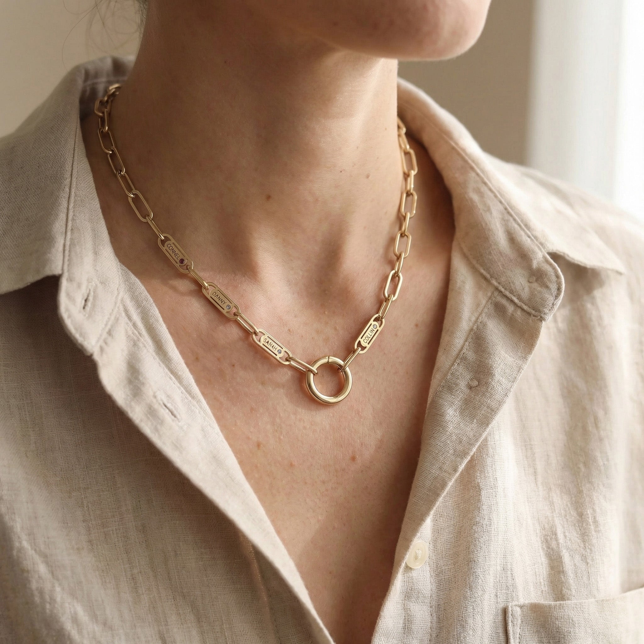 Woman wearing Endless Ties Necklace, personalised link necklace lifestyle image