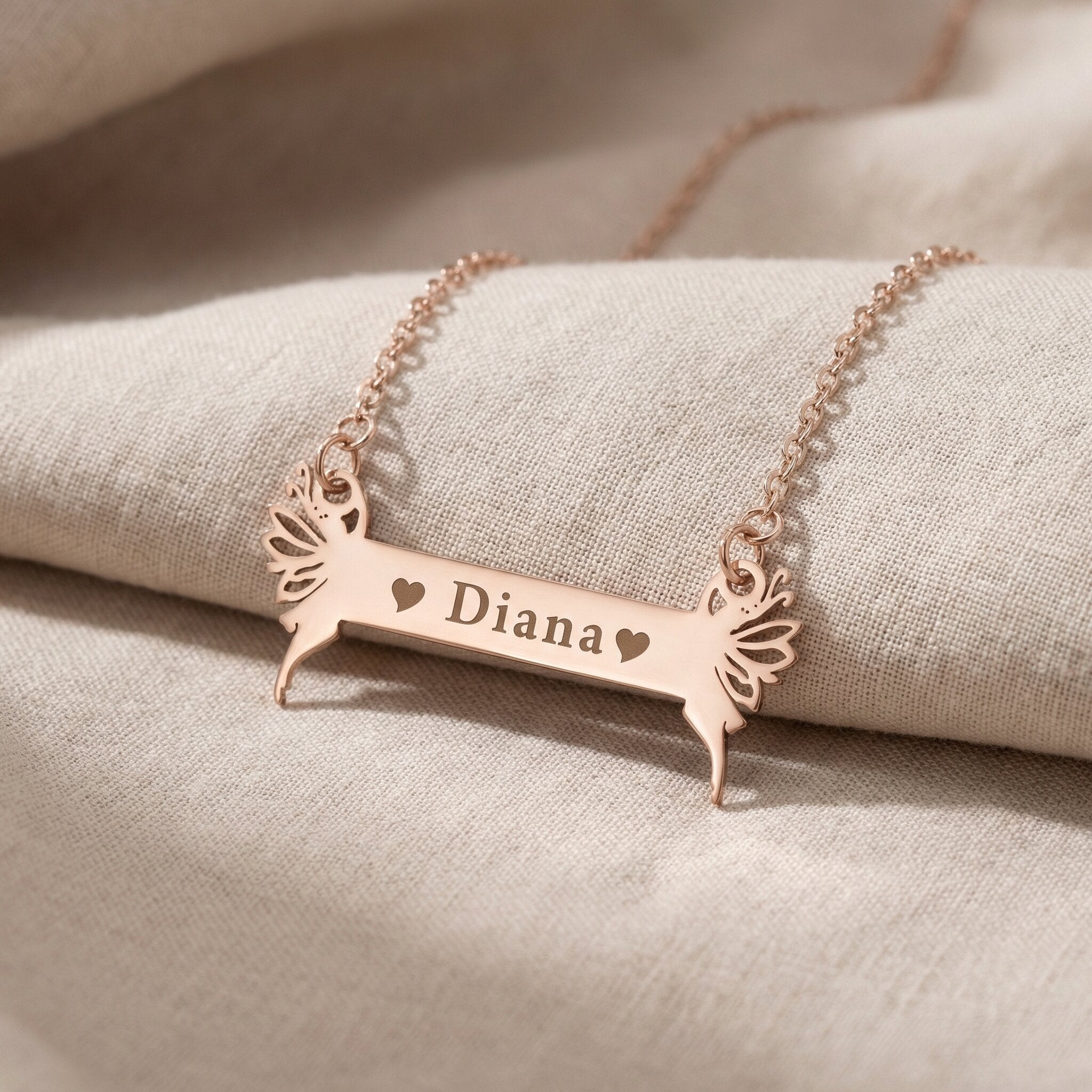 Fairy Name Bar Necklace in rose gold with engraved name, personalised jewellery hero image