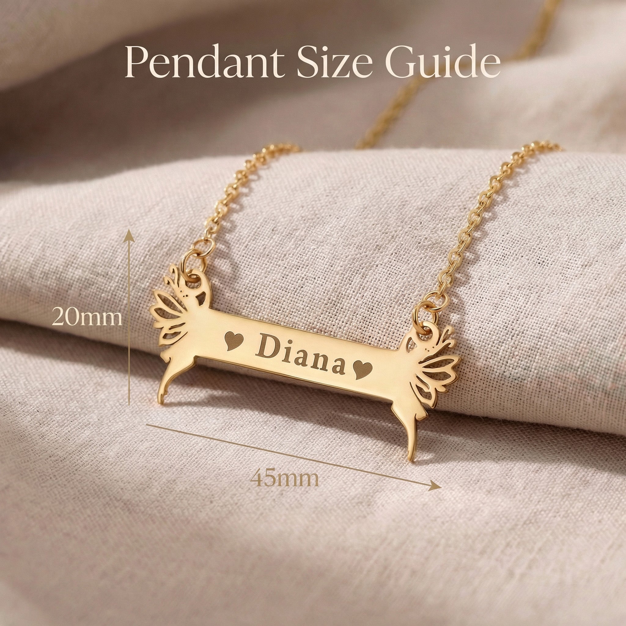 Fairy Name Bar Necklace size guide showing bar pendant dimensions and chain length details
