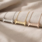 Fairy Name Bar Necklace tone comparison showing gold, silver and rose gold personalised name necklaces