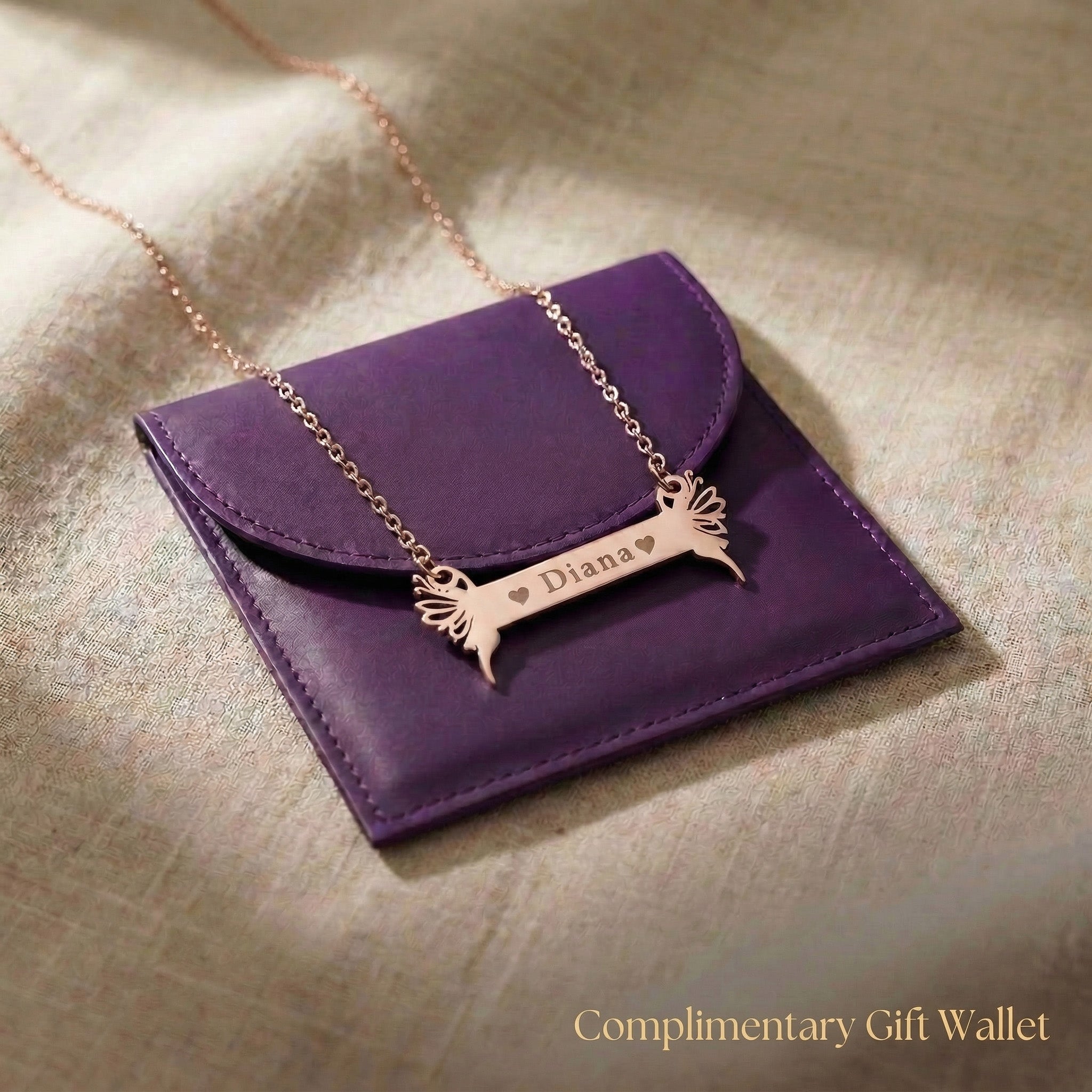 Fairy Name Bar Necklace displayed with gift wallet packaging, personalised name bar jewellery gift