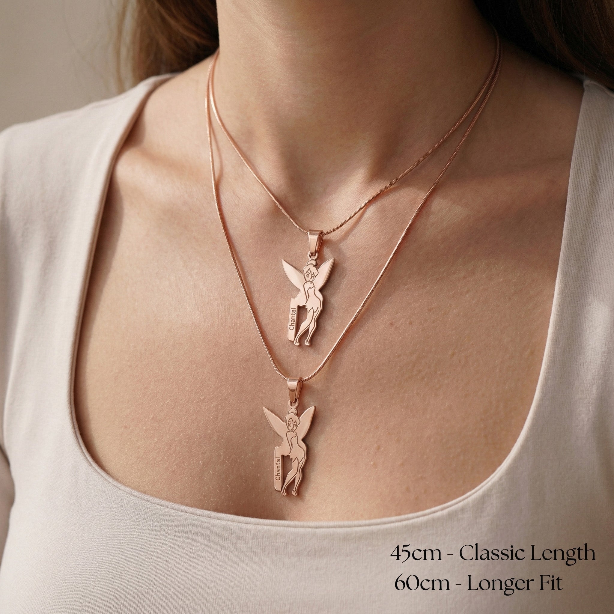 Fairy Name Necklace worn showing chain length options for personalised name jewellery styling