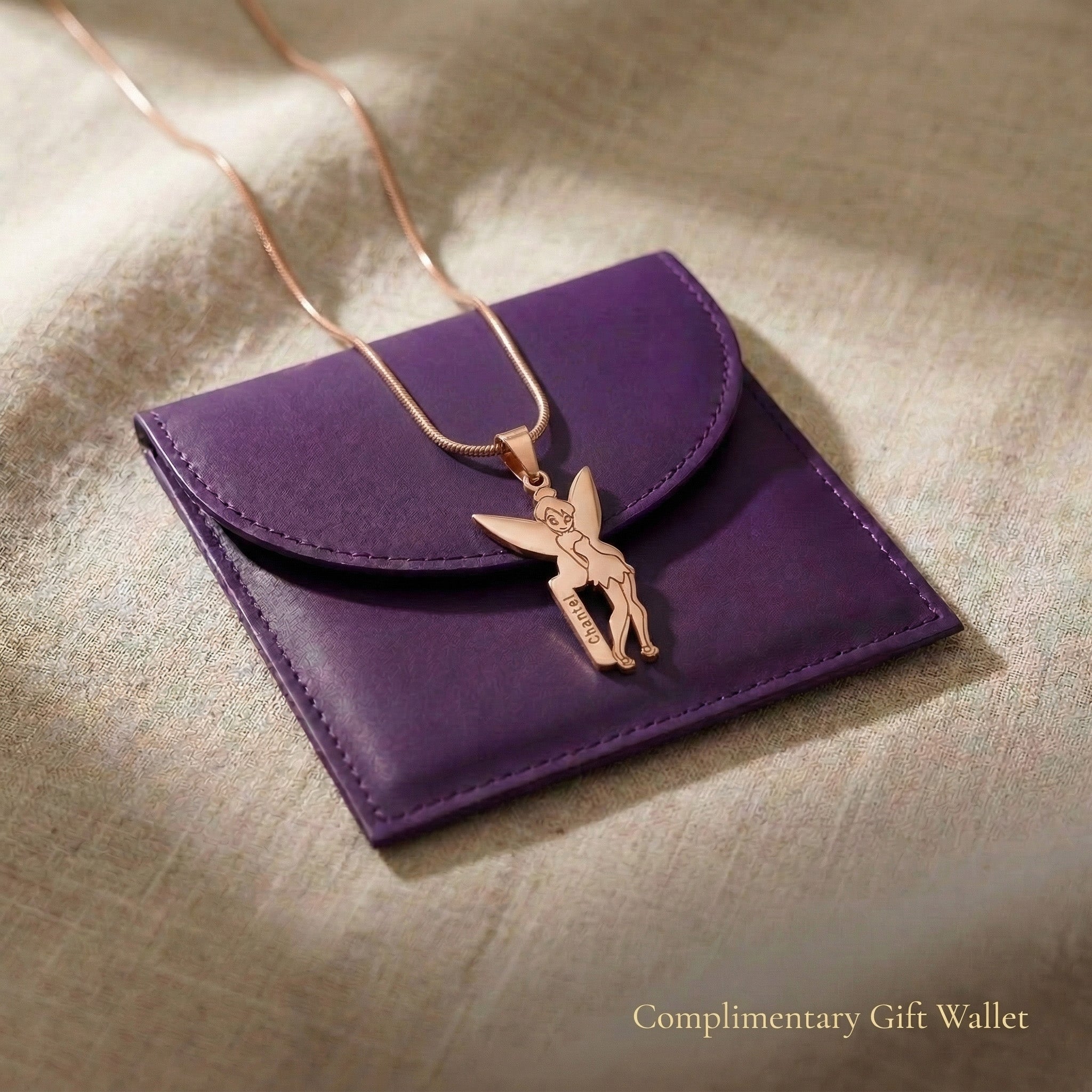 Fairy Name Necklace displayed with gift wallet packaging, personalised name jewellery gift option