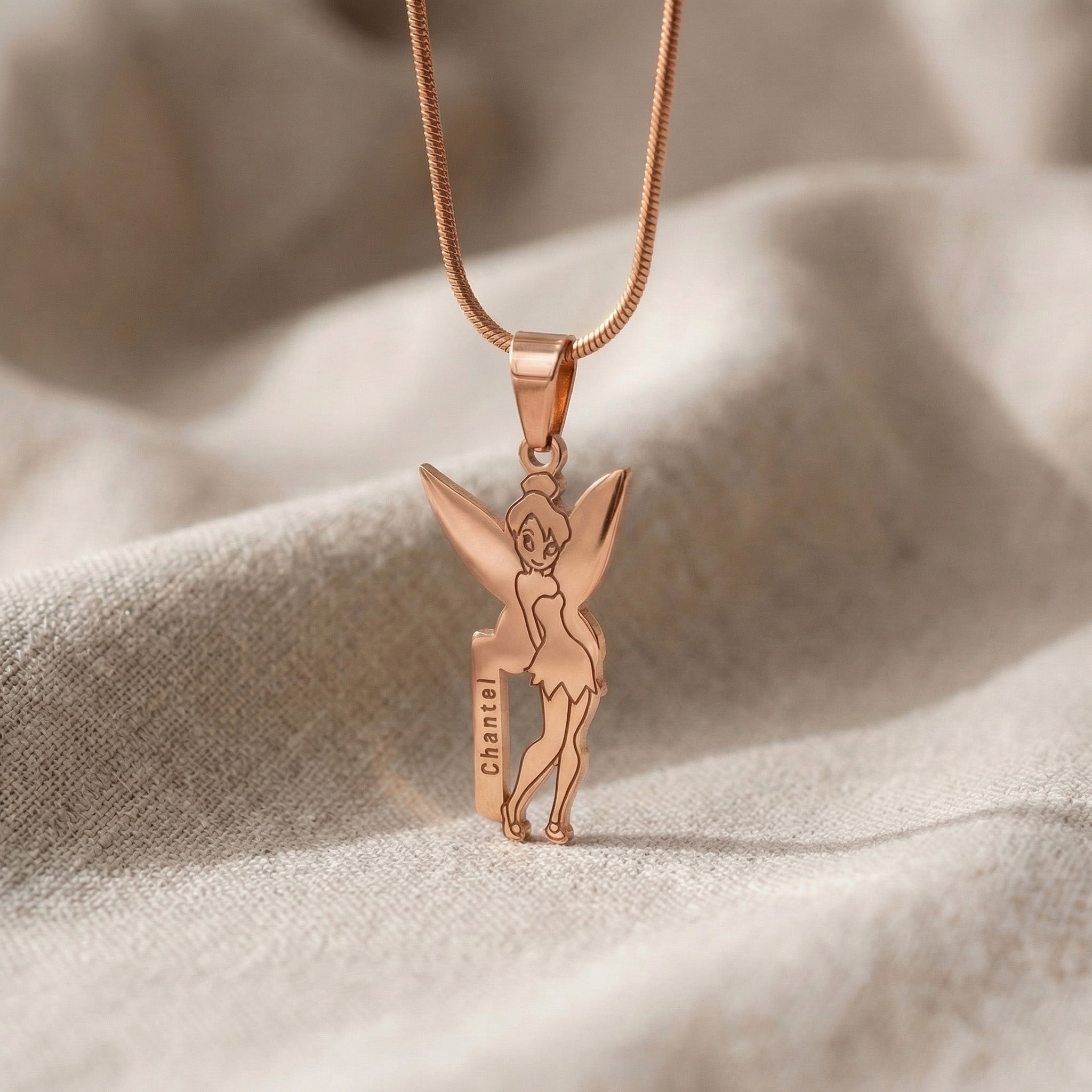 Fairy Name Necklace in rose gold with custom name design, personalised jewellery hero image