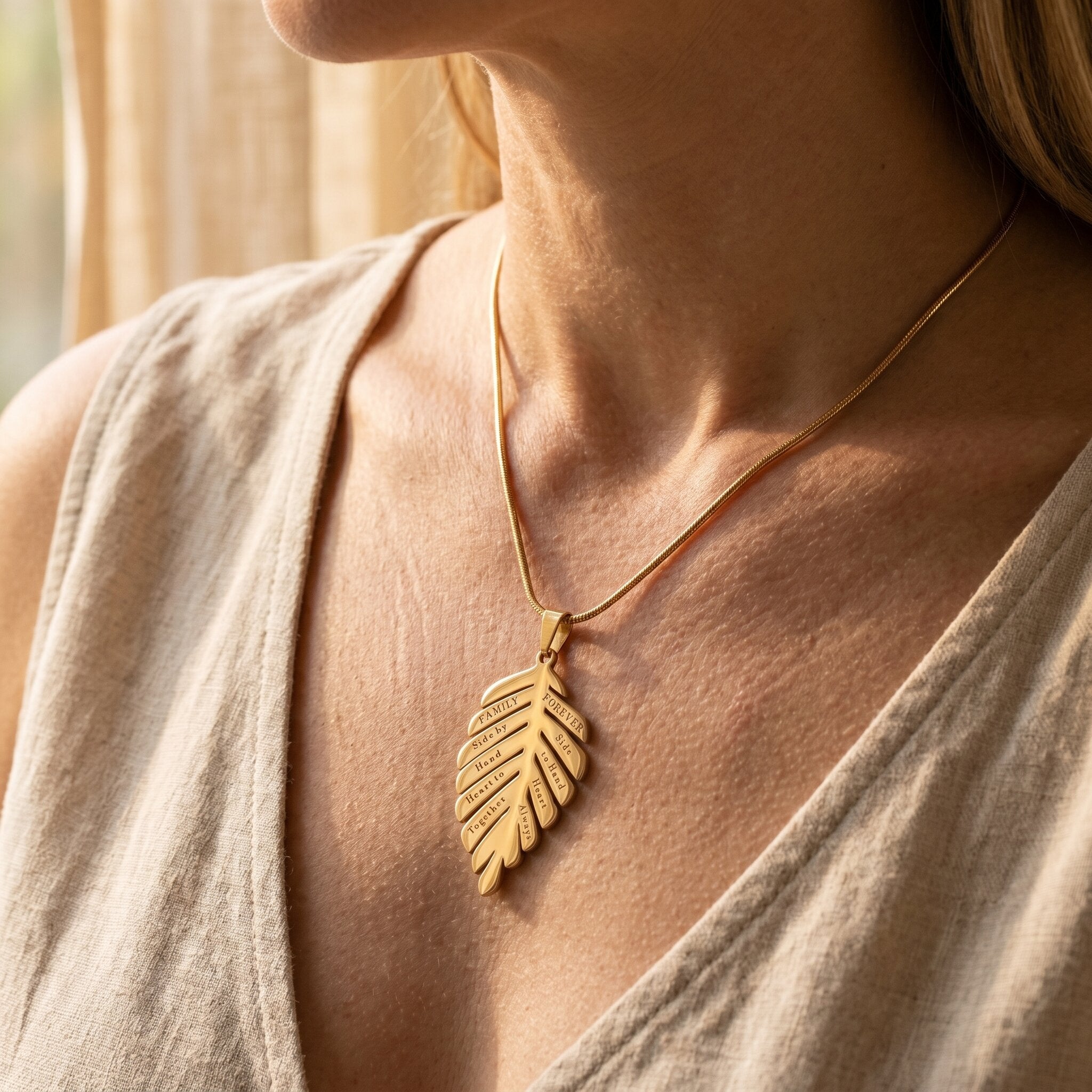 Woman wearing family leaf necklace, elegant personalised jewellery for mum and family keepsake gift