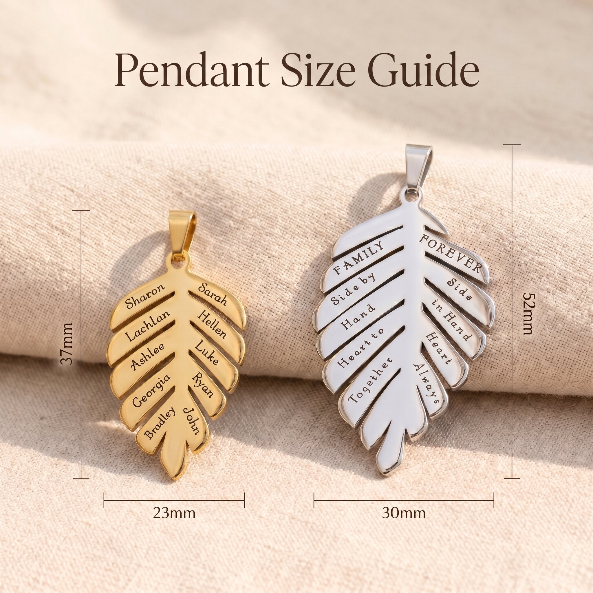 Family leaf necklace size guide showing pendant dimensions and engraved detail