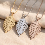 Family leaf necklace tone comparison showing gold, silver and rose gold finishes, personalised keepsake jewellery