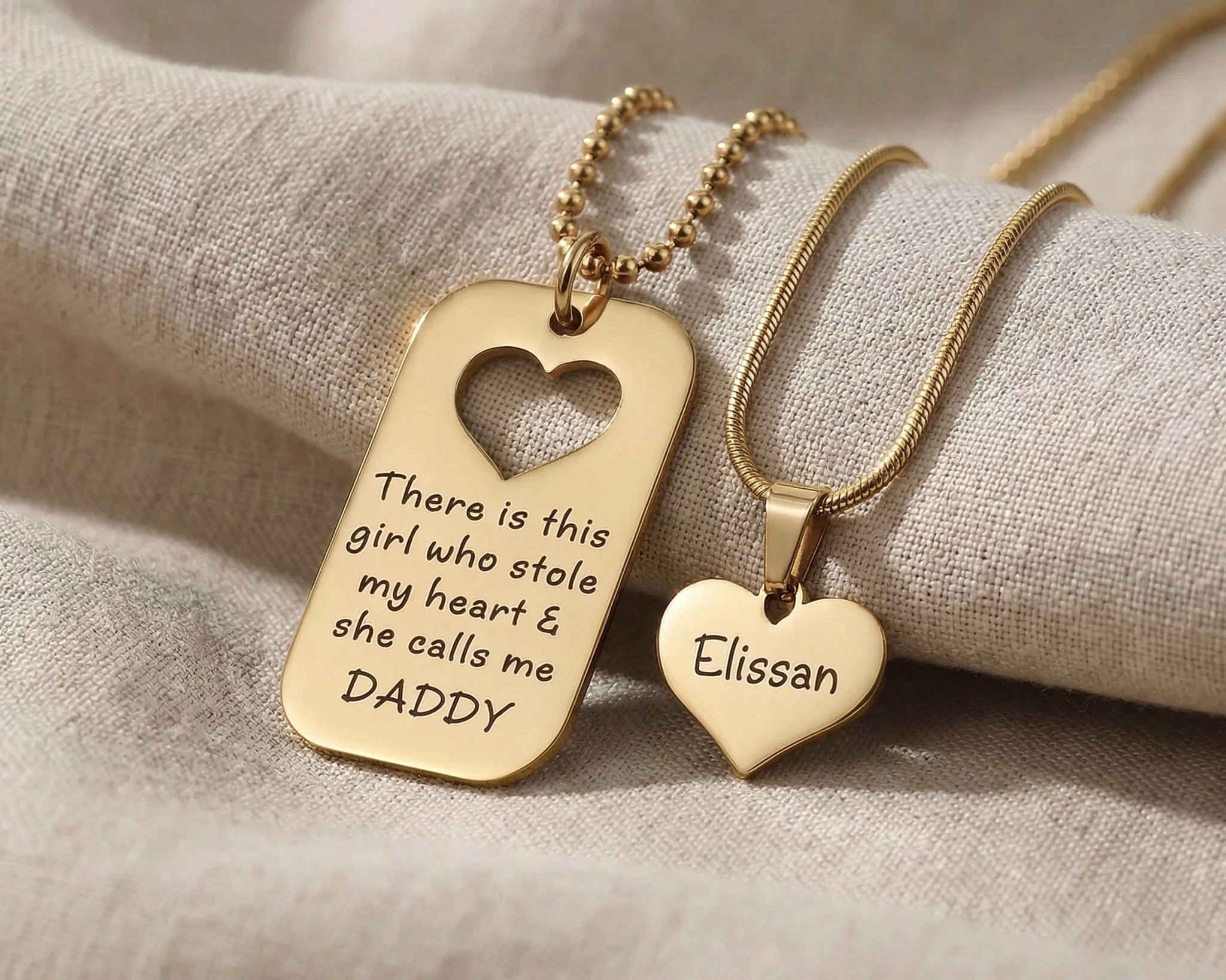 Father & Daughter Necklace Set in gold with engraved message and heart detail, meaningful jewellery piece