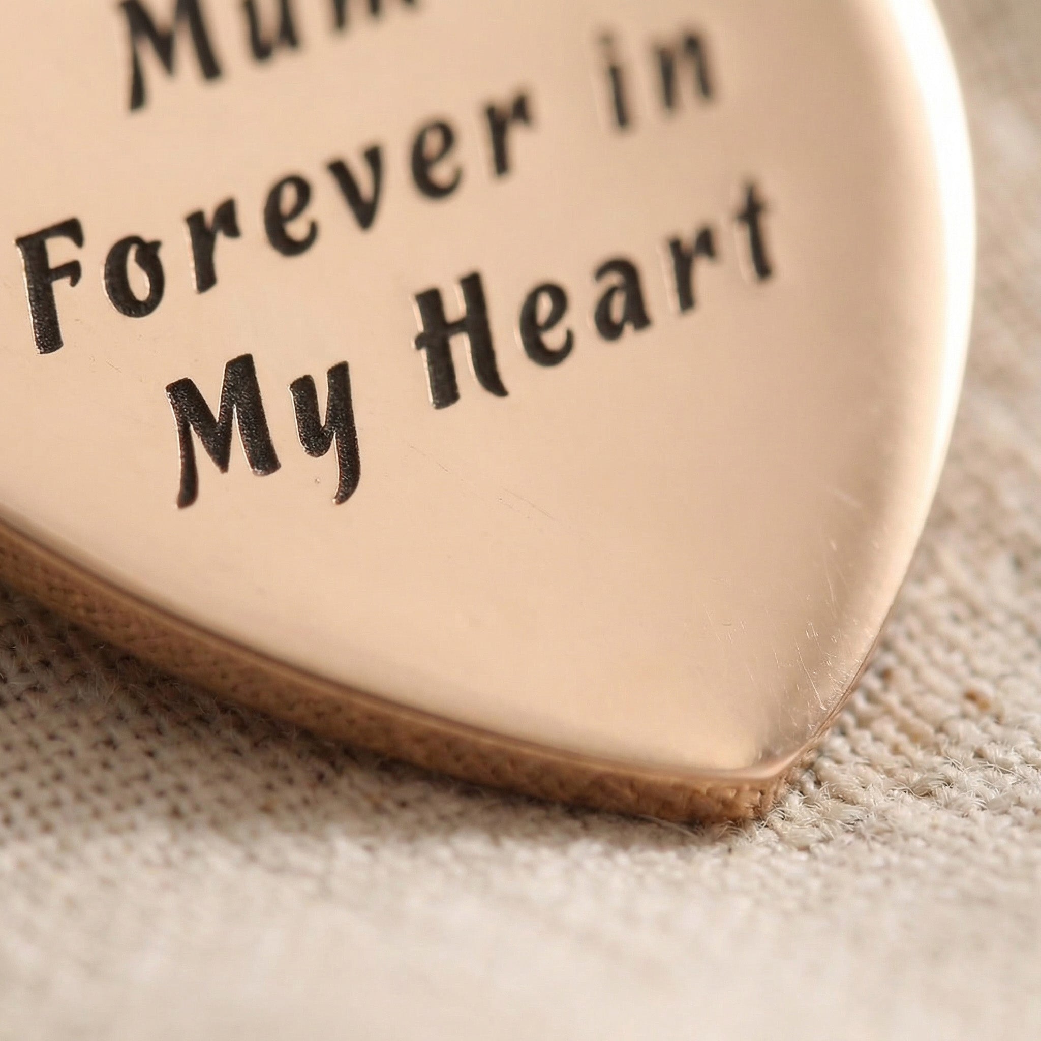 Close-up of Forever In My Heart Necklace with engraved heart pendant, personalised jewellery detail