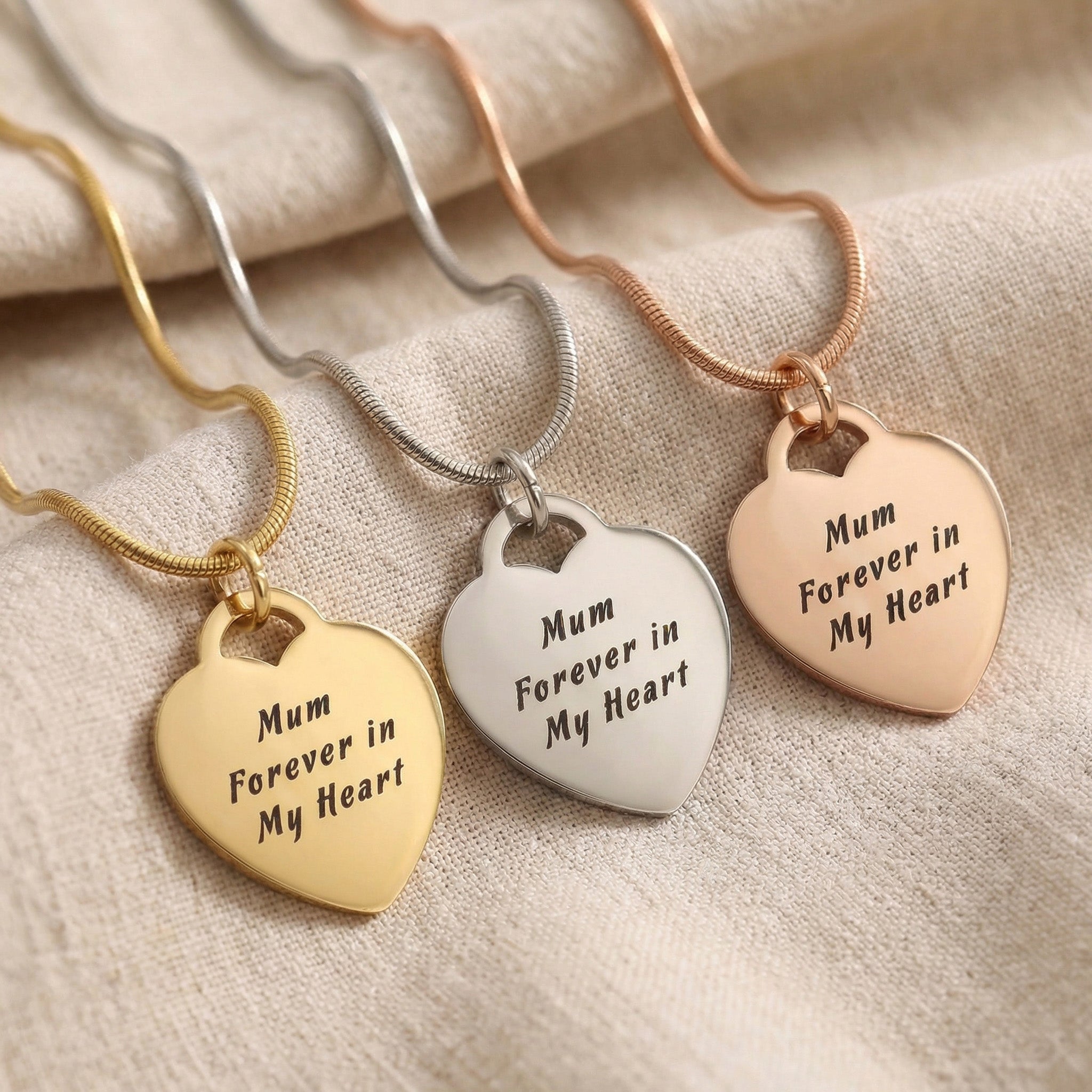 Forever In My Heart Necklace tone comparison showing gold, silver and rose gold heart pendants