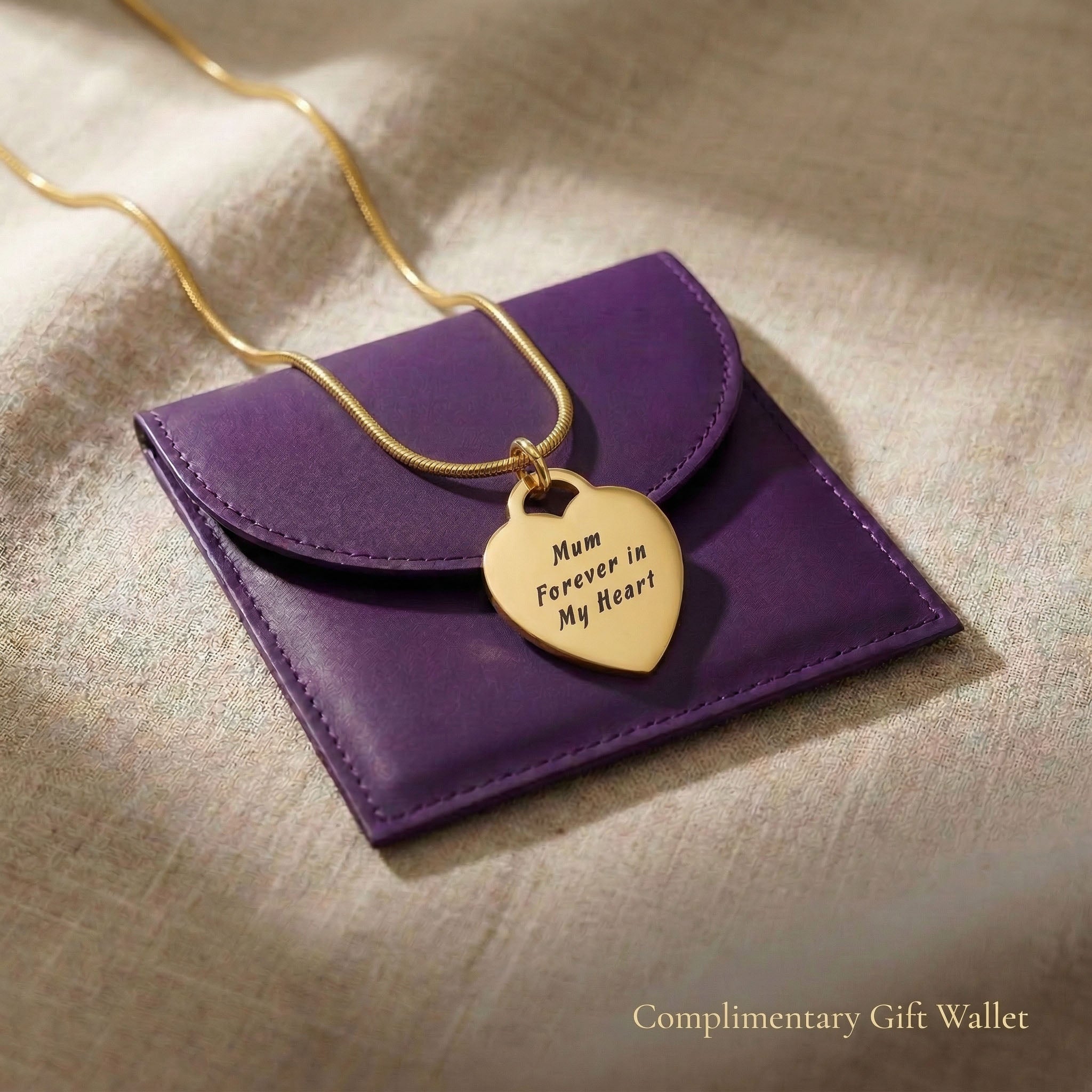 Forever In My Heart Necklace displayed with gift wallet packaging, personalised jewellery gift option
