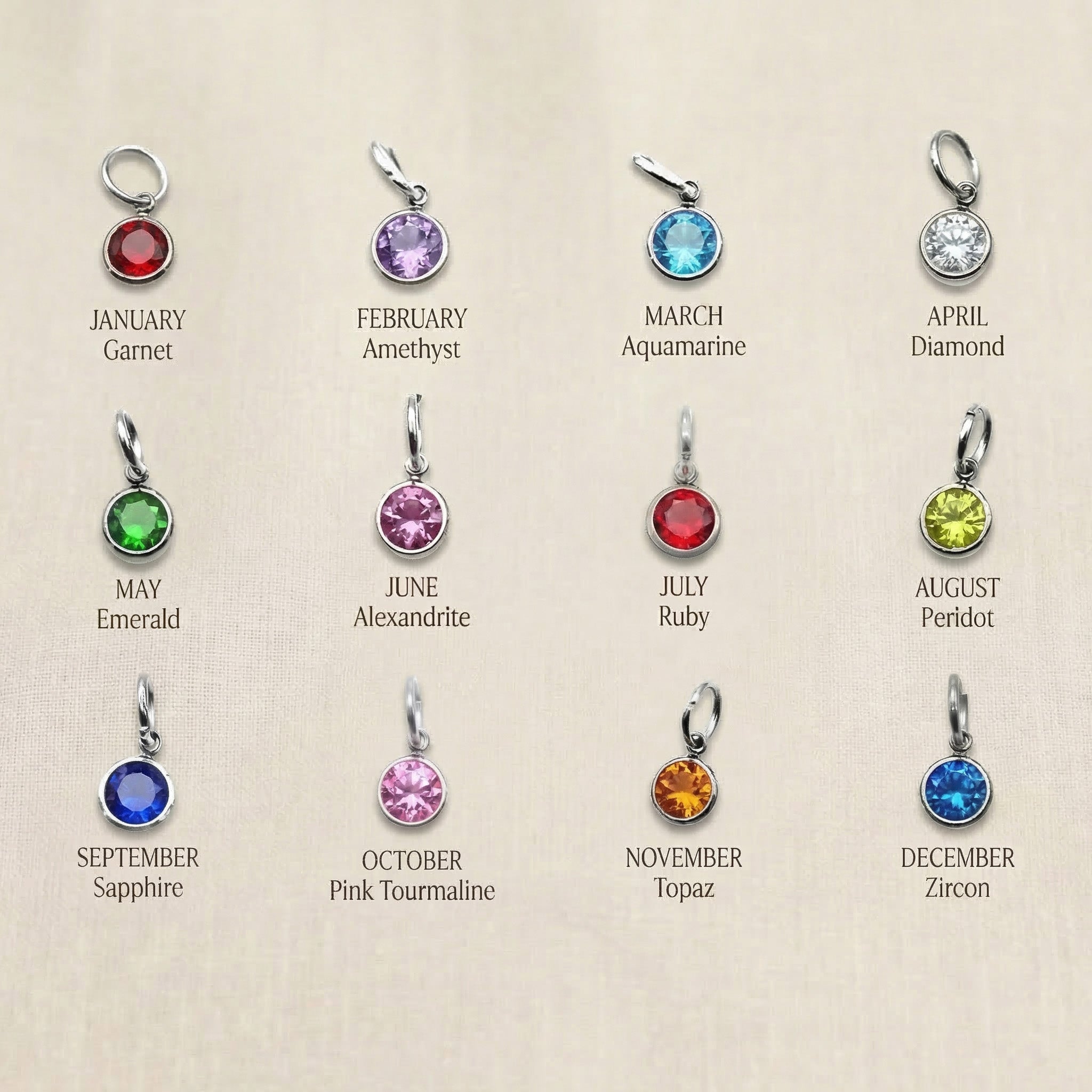 Birthstone color chart showing available gemstone options for necklace, bracelet and keyring customization