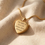 Heart Cremation Necklace in gold with engraved message, memorial keepsake jewellery
