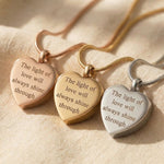 Heart Cremation Necklace tone comparison showing gold, silver and rose gold finish