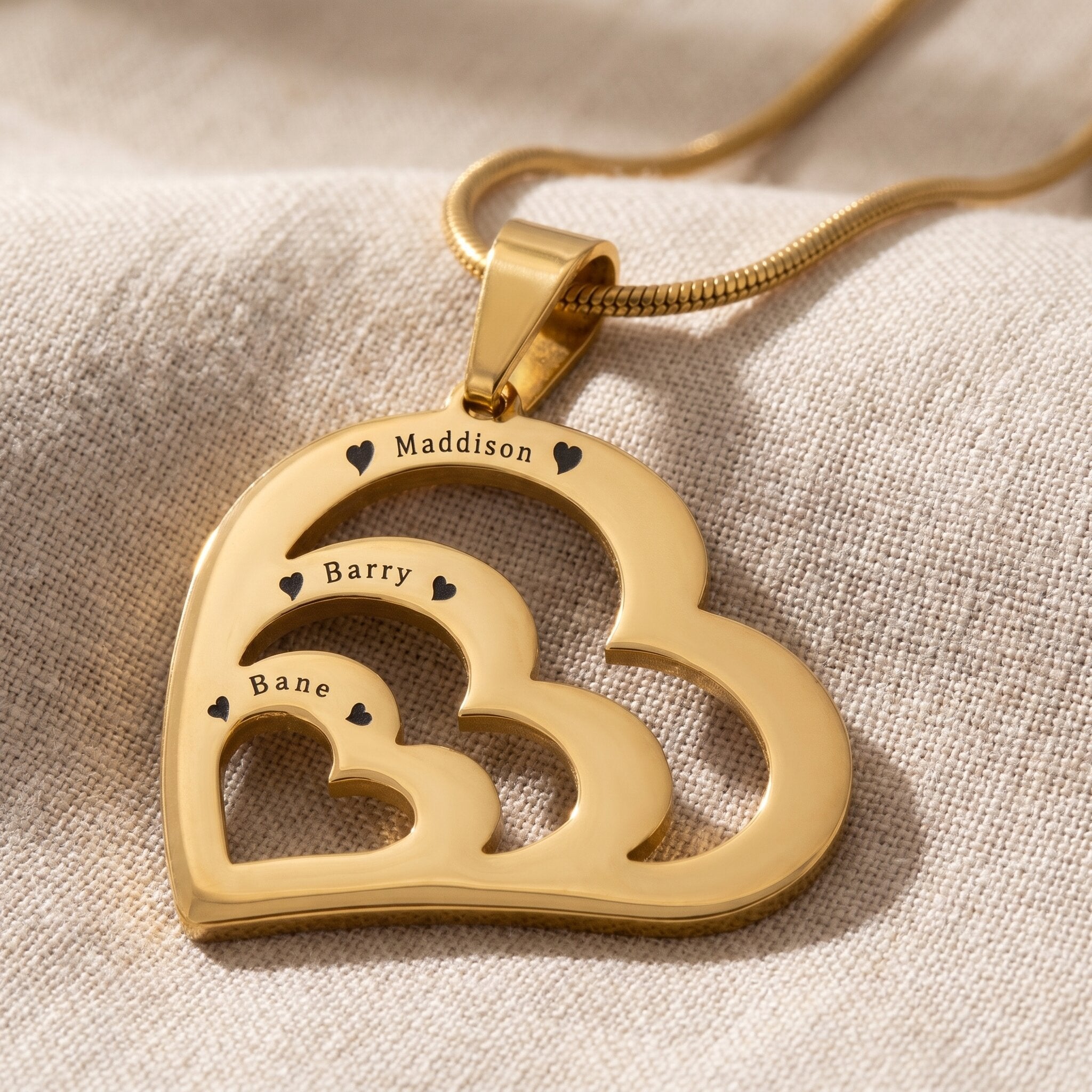 Heart of love necklace in gold with three heart pendant design, meaningful love keepsake jewellery gift