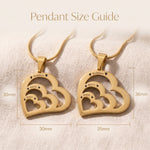 Heart of love necklace size guide showing layered heart pendant dimensions and detailed design proportions