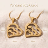 Heart of love necklace size guide showing layered heart pendant dimensions and detailed design proportions