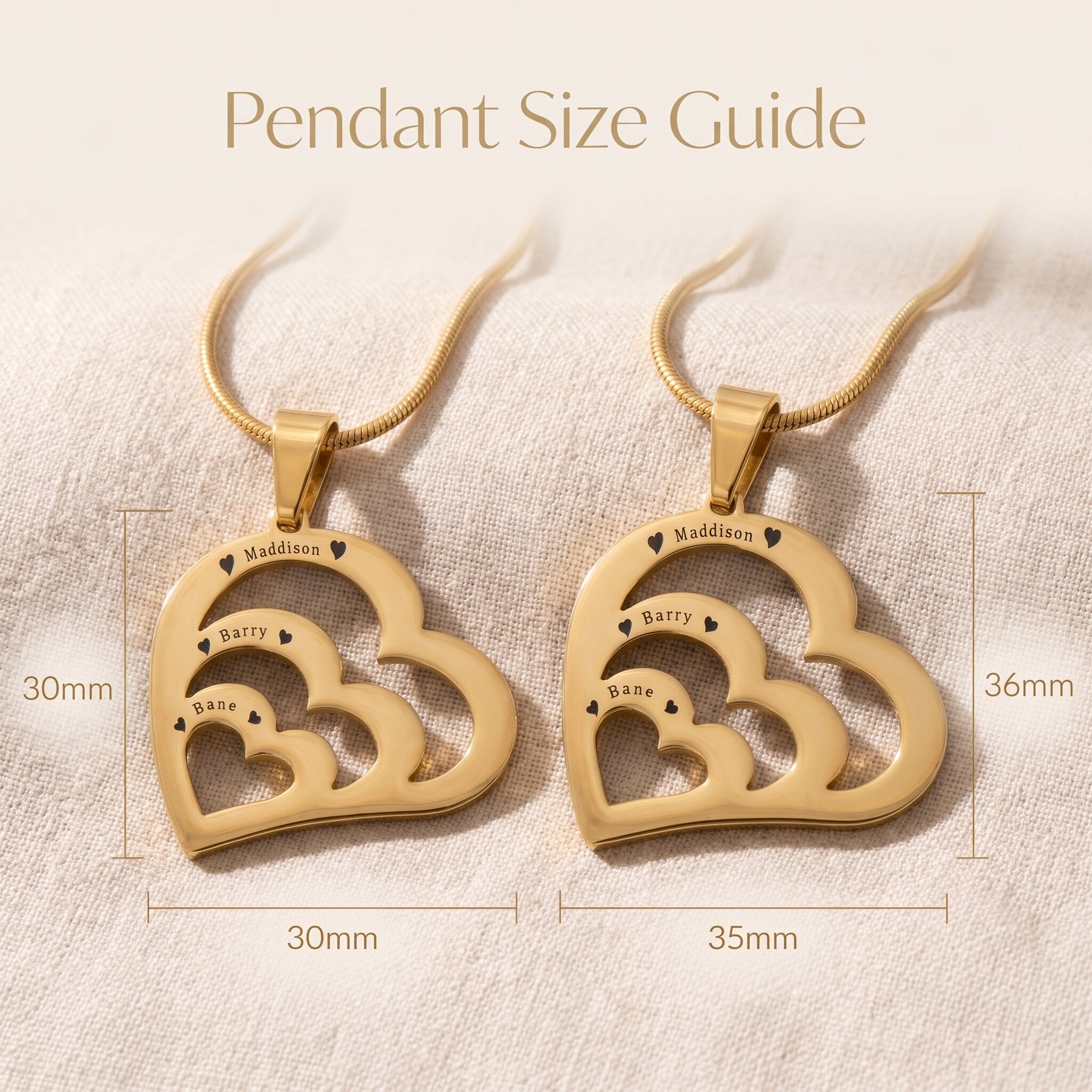 Heart of love necklace size guide showing layered heart pendant dimensions and detailed design proportions
