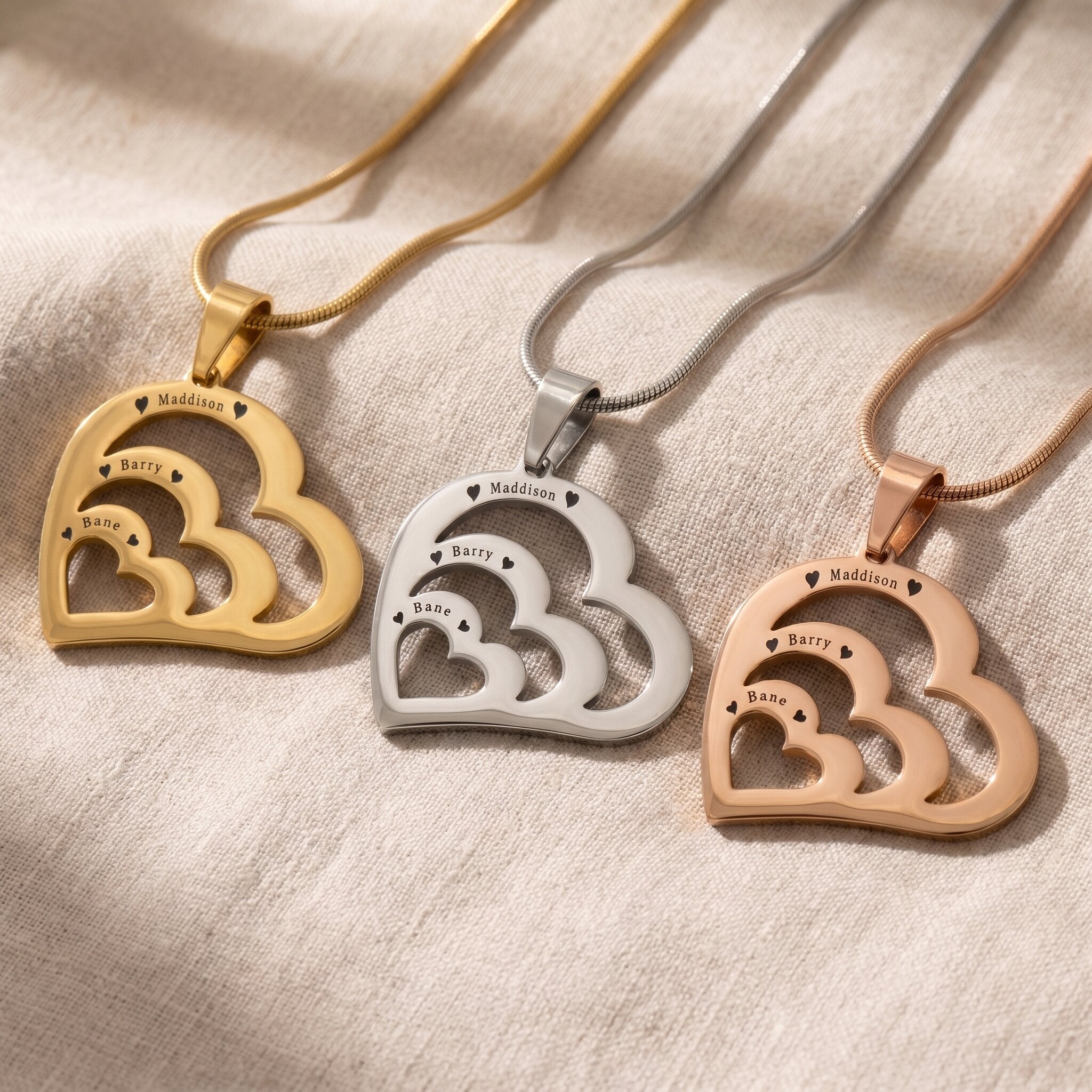 Heart of love necklace tone comparison showing gold, silver and rose gold sentimental keepsake jewellery finishes