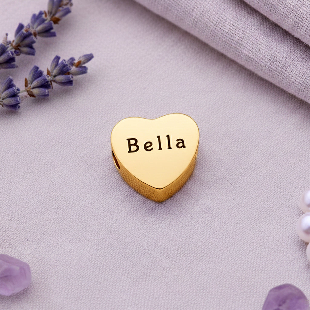 belle fever gold engraved heart charm for Moments bracelet, custom name bead designed to fit European style jewelry