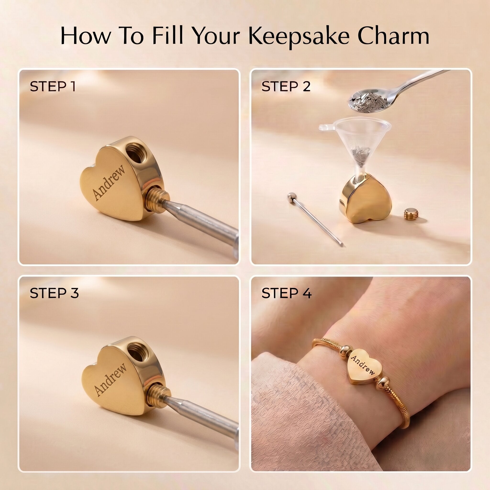 Instructions showing how to fill cremation charm with ashes