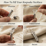 Instructions showing how to fill cylinder cremation necklace urn pendant with ashes