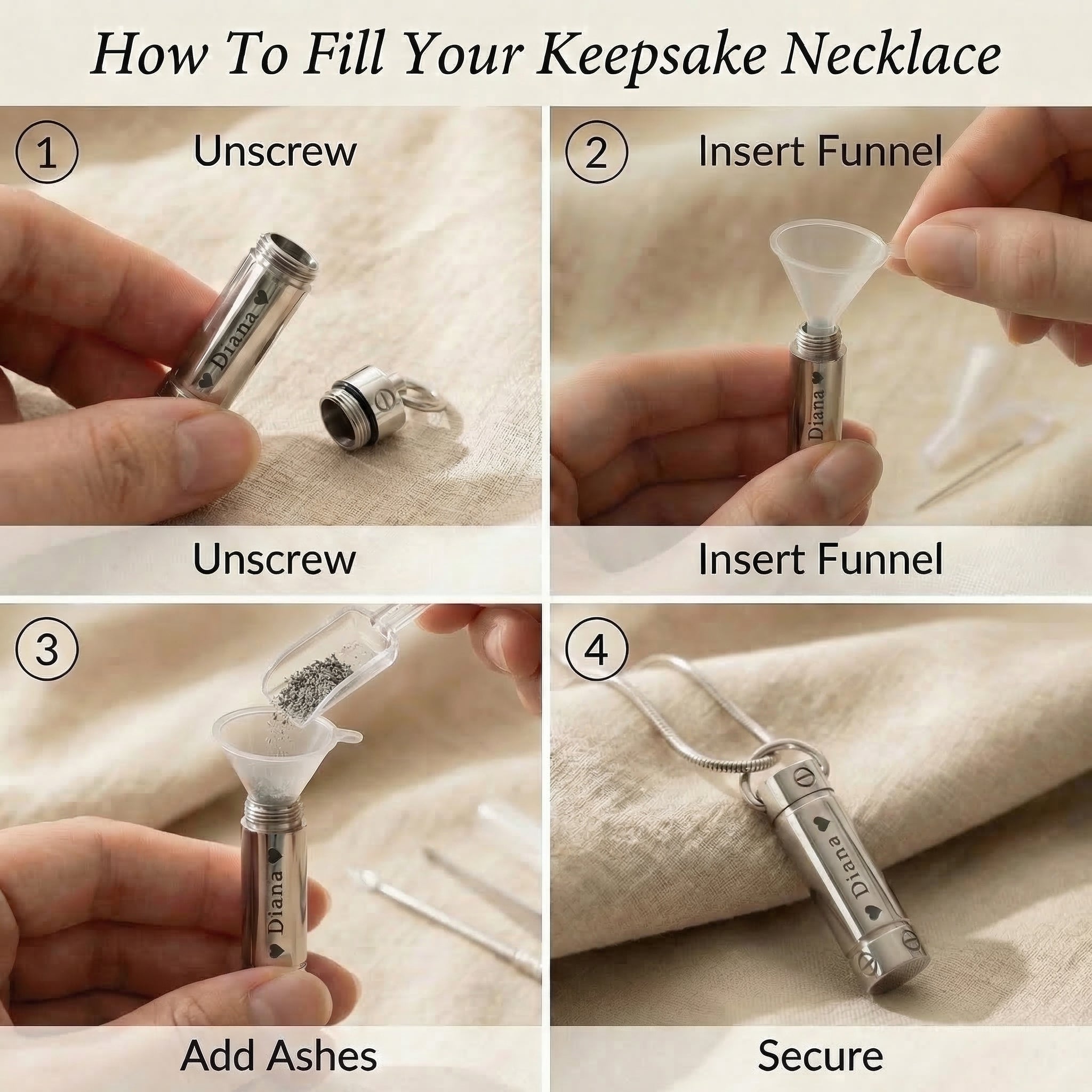Instructions showing how to fill cylinder cremation necklace urn pendant with ashes