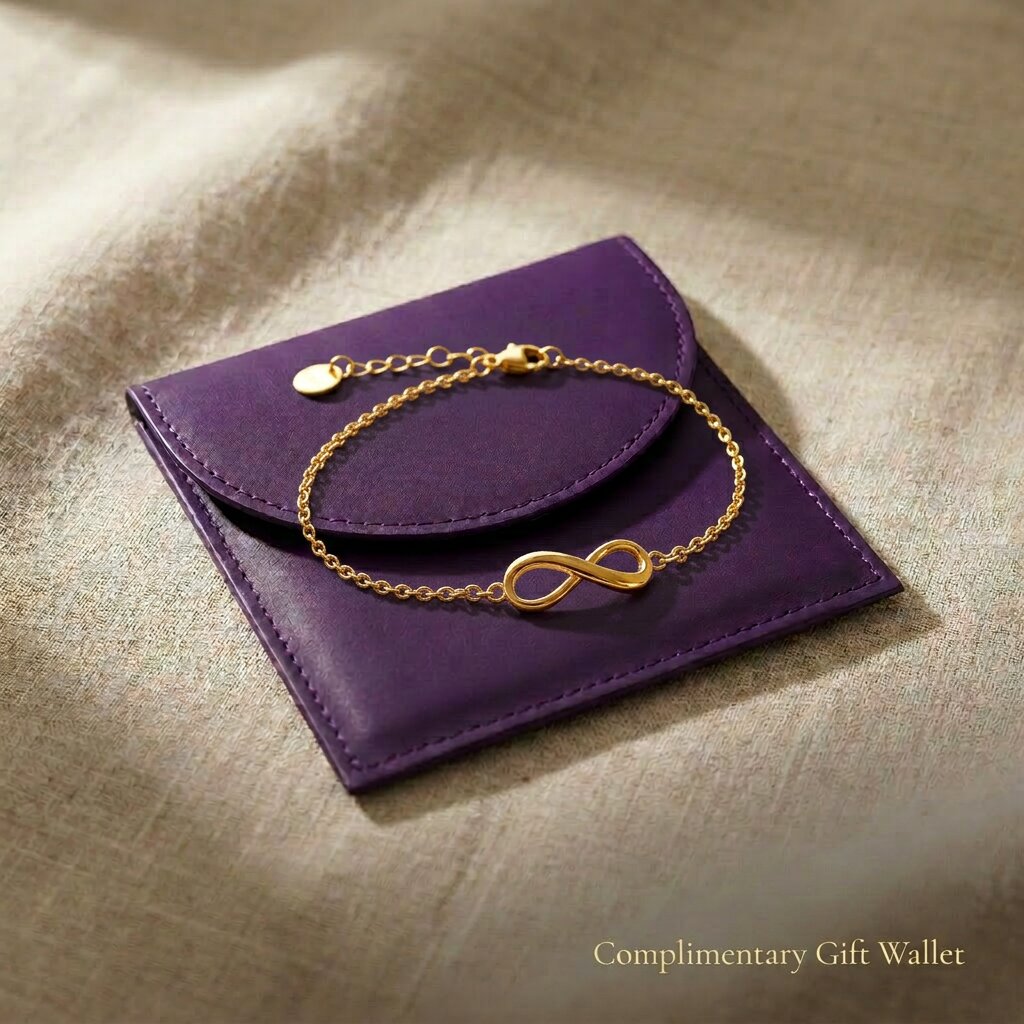 Infinity bracelet or anklet displayed with jewelry gift wallet packaging