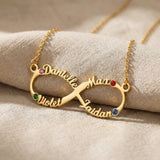 Infinity name necklace showing custom name and birthstone options on infinity design