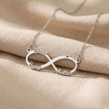 Silver infinity name necklace with custom name on infinity pendant design