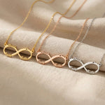 Infinity name necklace in gold silver and rose gold finishes with custom name design